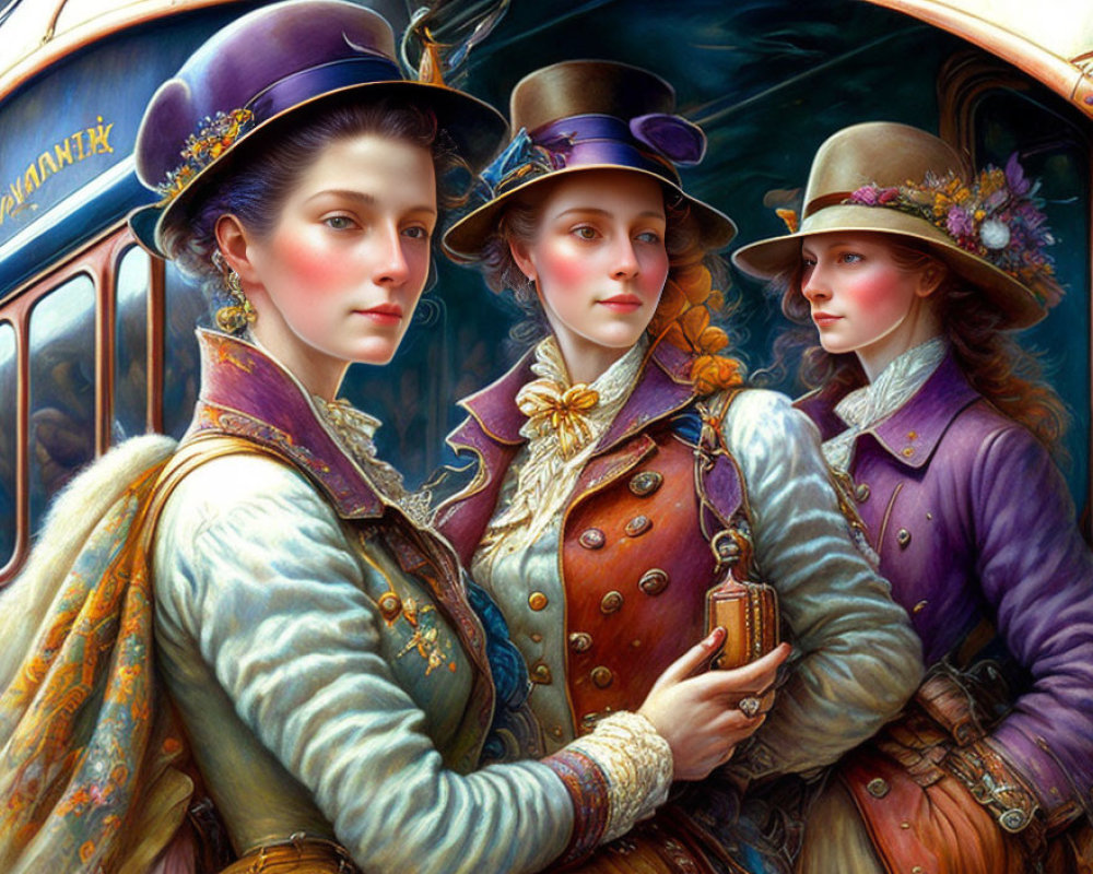 Three Victorian-era women in ornate dress with detailed hats in front of vintage train carriage