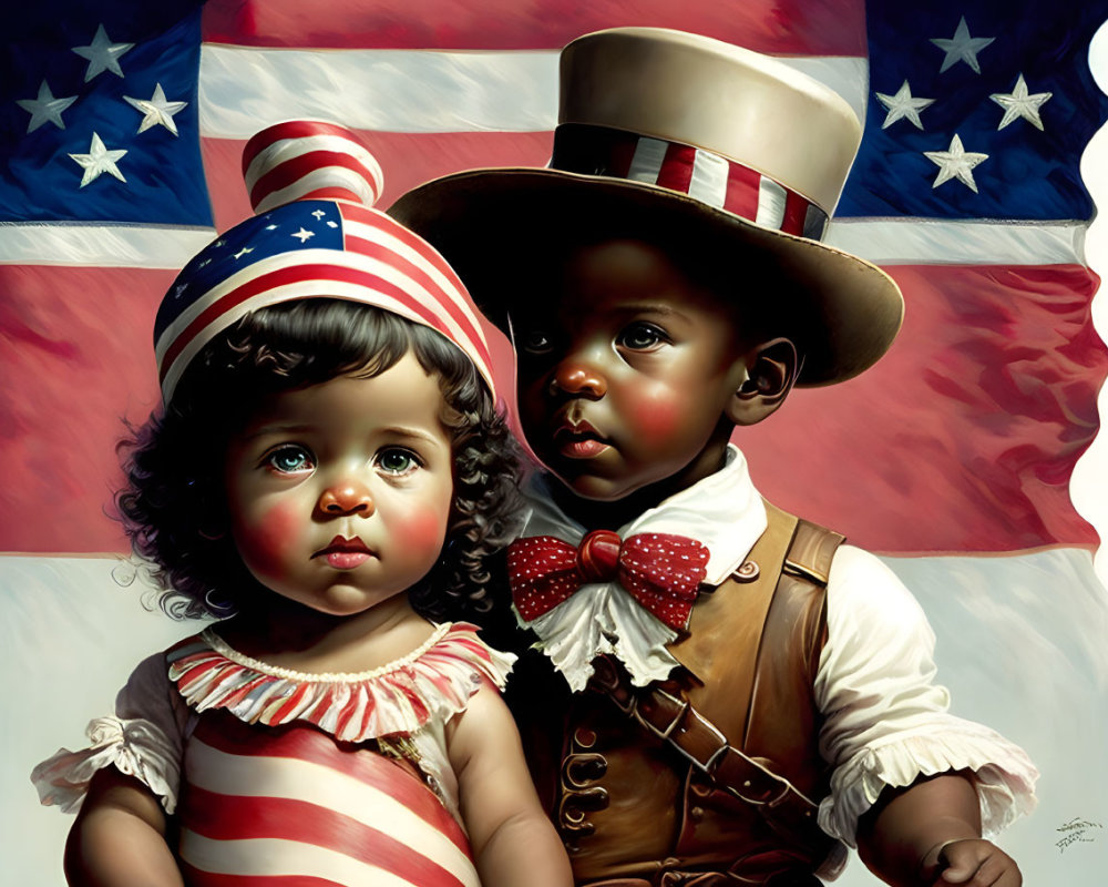 Young children in patriotic attire with American flag backdrop.