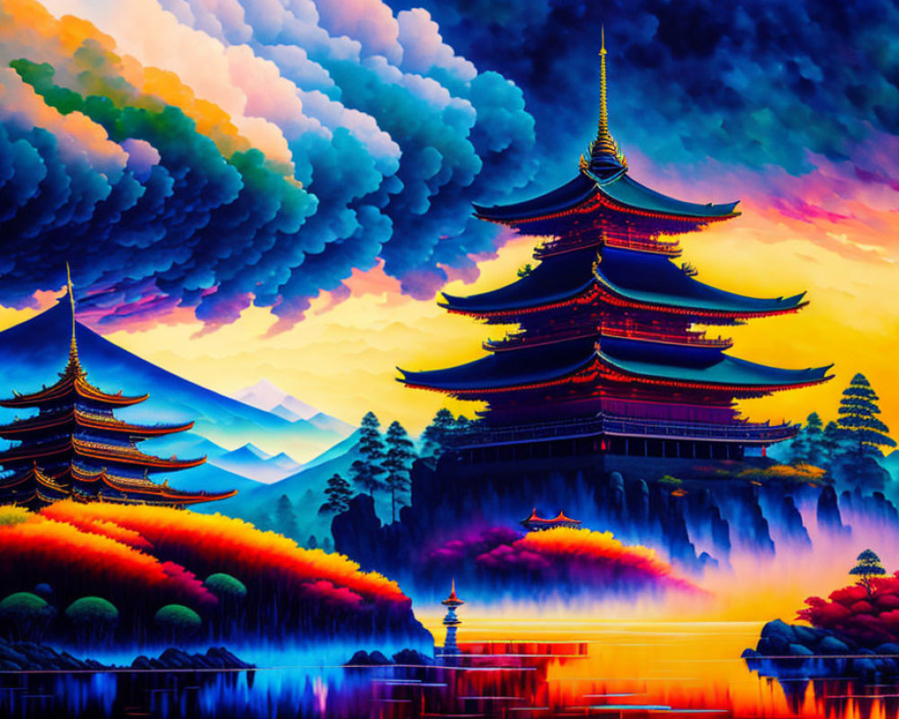 Colorful Pagoda Scene with Trees, Lake, and Purple Clouds