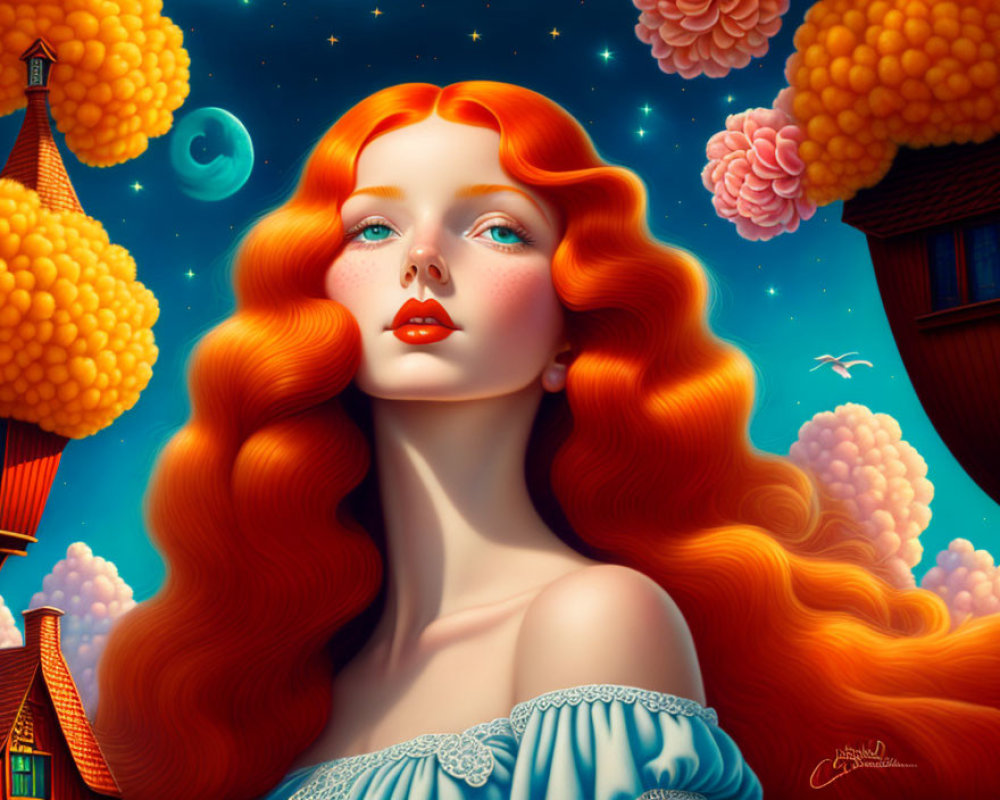 Vibrant Illustration: Red-Haired Woman in Fantasy Landscape