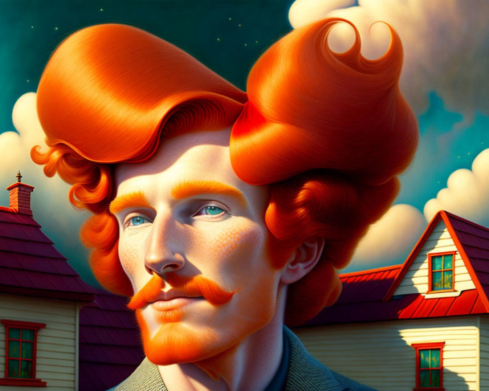 Surreal portrait of man with red hair and mustache in twilight setting