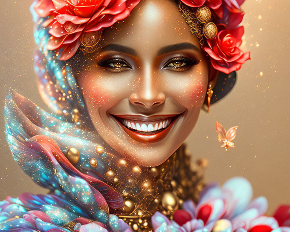 Colorful digital artwork: Smiling woman with floral and celestial motifs