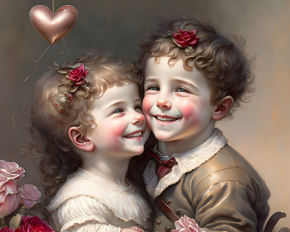 Smiling children in formal attire with heart balloon and flowers