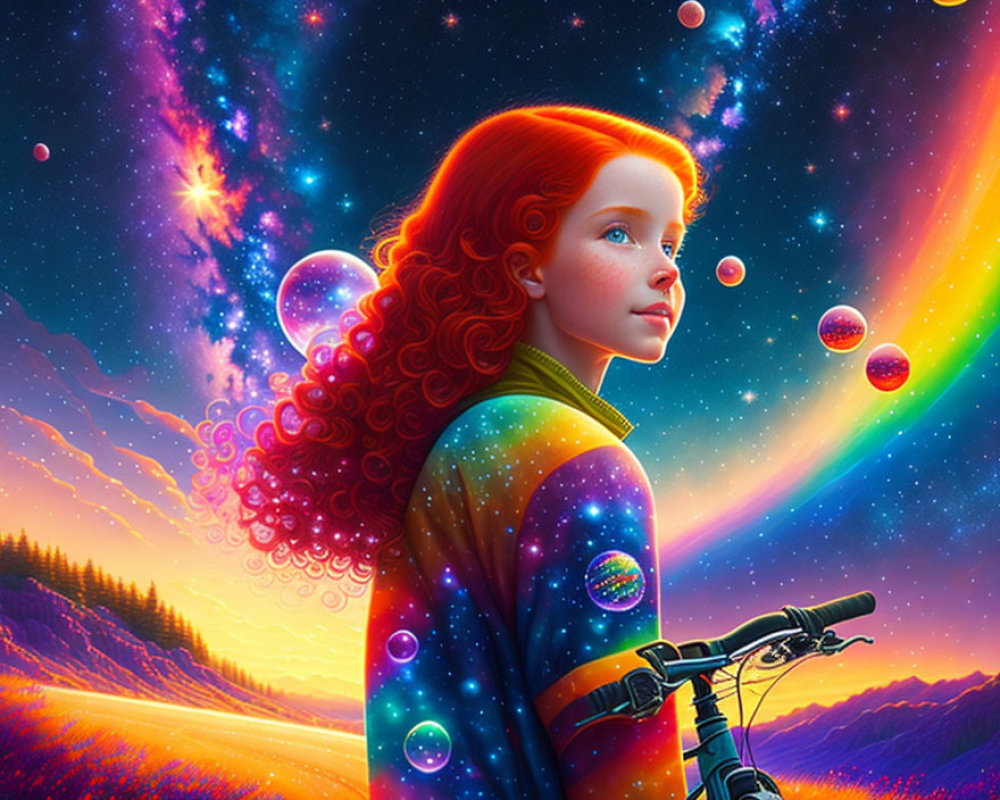 Red Curly-Haired Girl in Cosmic Sky with Space Jacket and Bicycle Handle