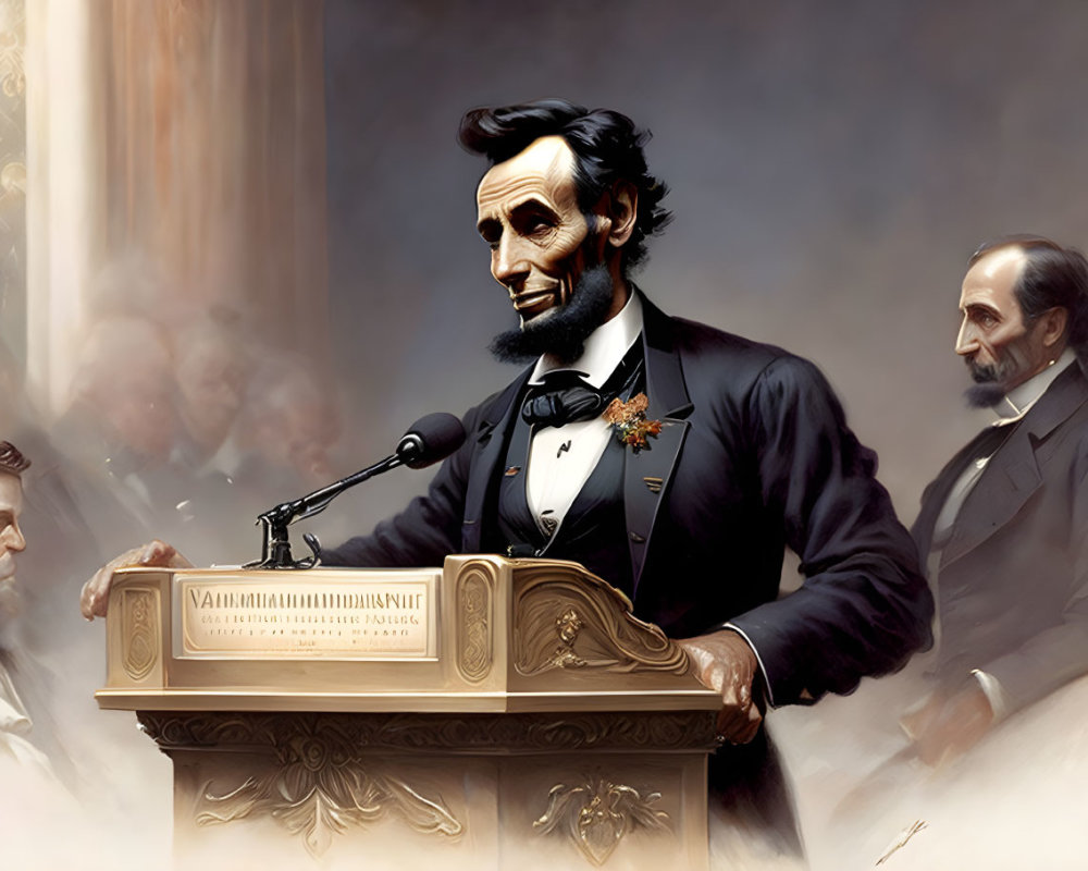 Historical illustration of Abraham Lincoln delivering a speech with attentive audience