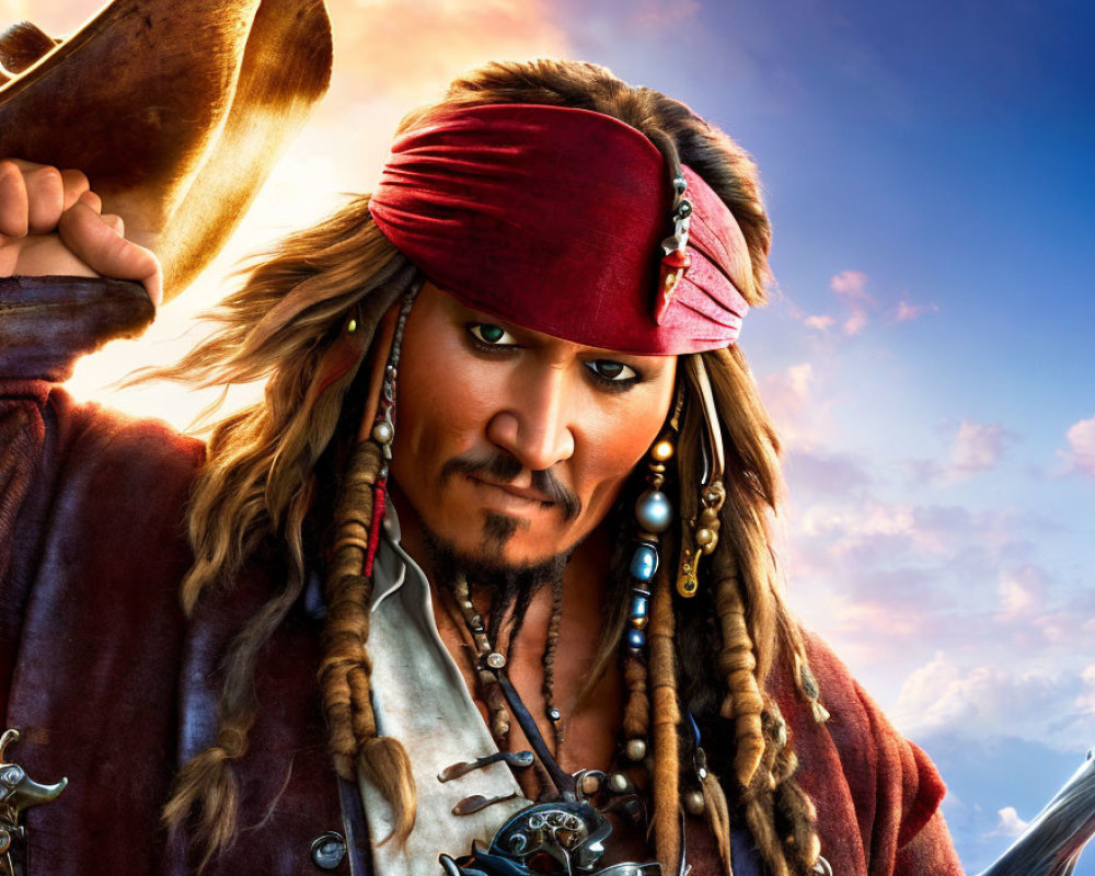 Male character in red headband with beaded braided hair, in pirate costume with sword.