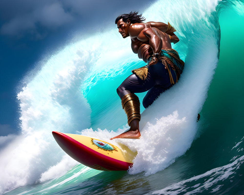 Muscular character with tribal adornments surfing a towering wave under a radiant sky