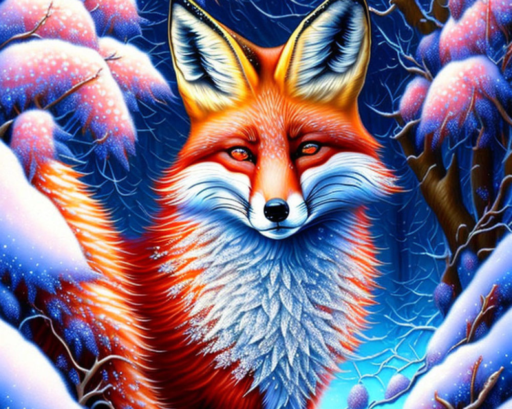 Colorful painting of red fox in snowy forest with pink trees