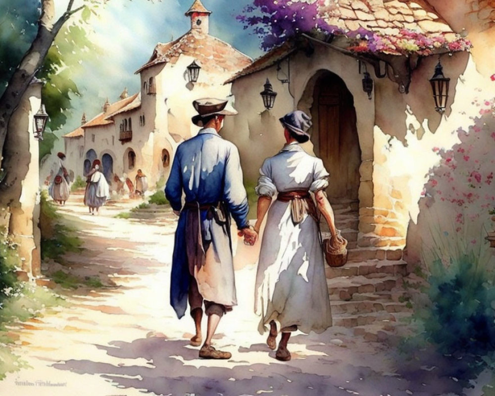 Historical couple strolling in sunny village street