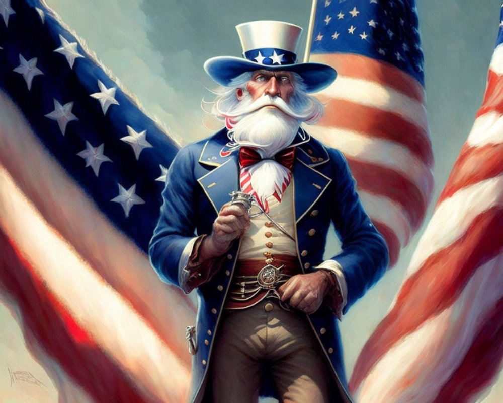 Illustration of Uncle Sam in patriotic outfit with cane and American flag.