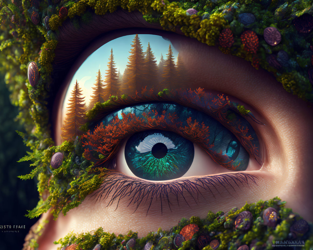 Detailed close-up of human eye reflecting forest and mountains with foliage and berries.