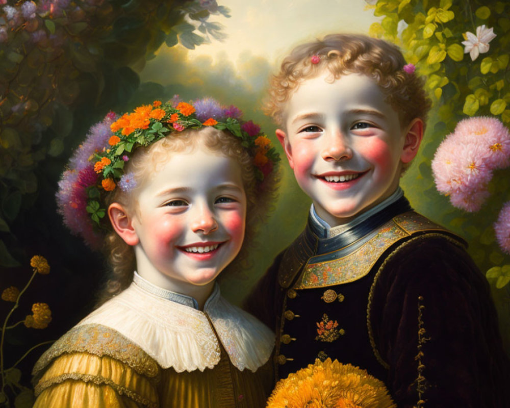 Two children with floral crowns in a garden setting.