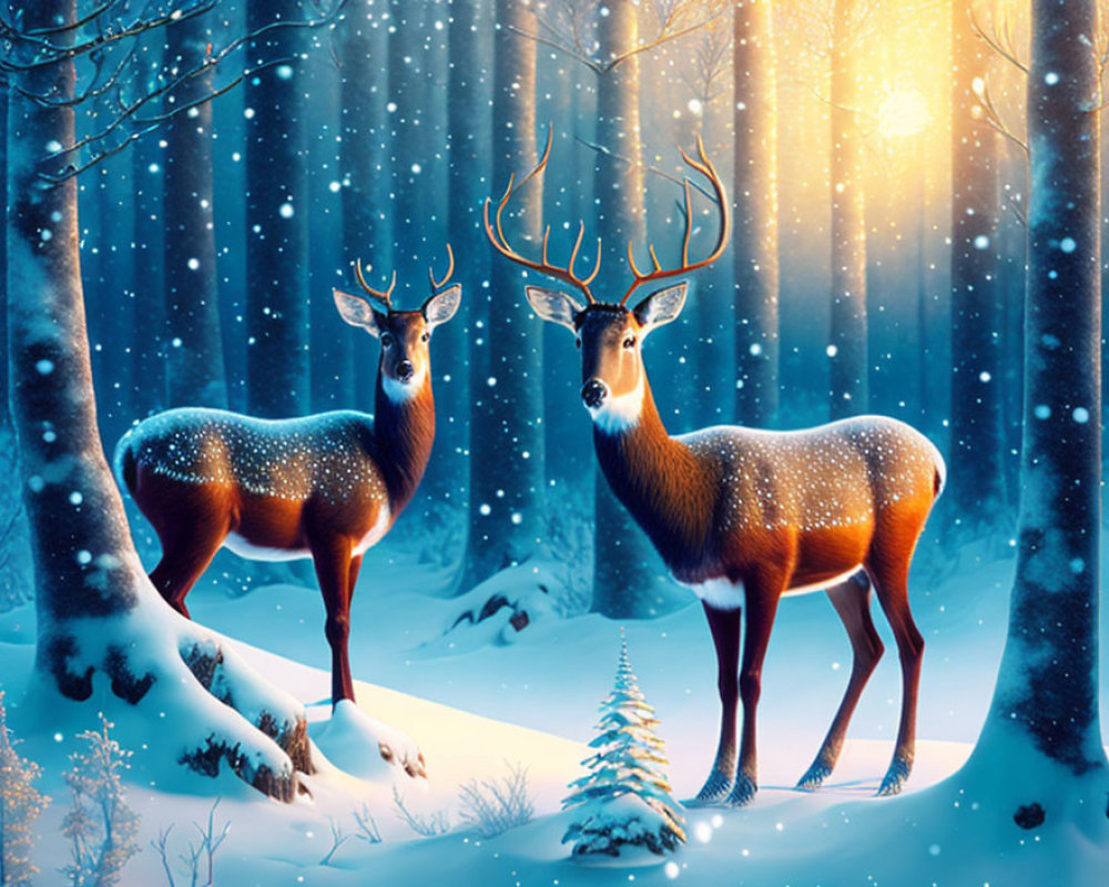 Glowing deer in snowy forest under warm light