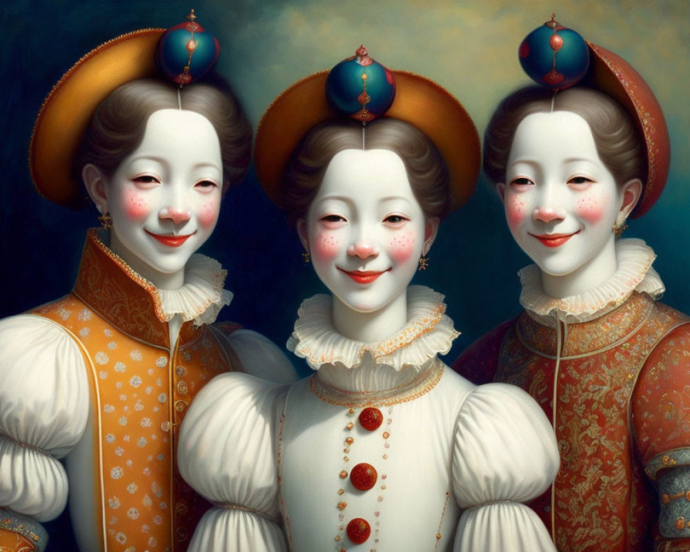 Three opulent figures in renaissance attire with porcelain-like features and intricate garments.