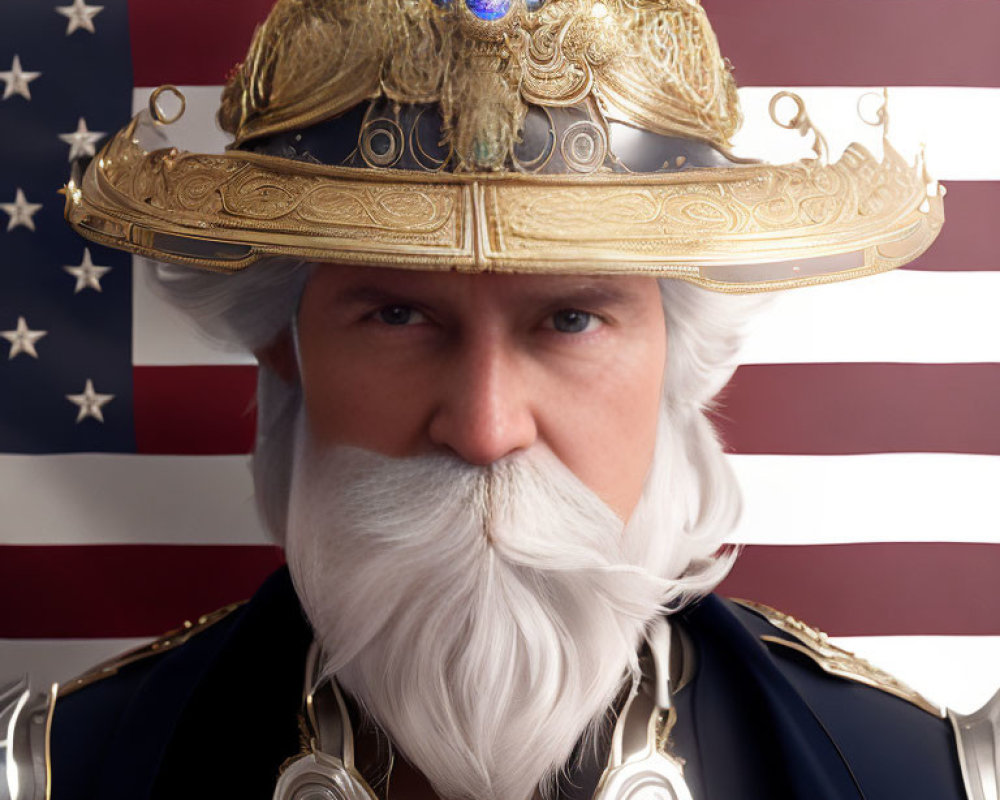 Elderly man in golden armor with white beard and helmet before American flag