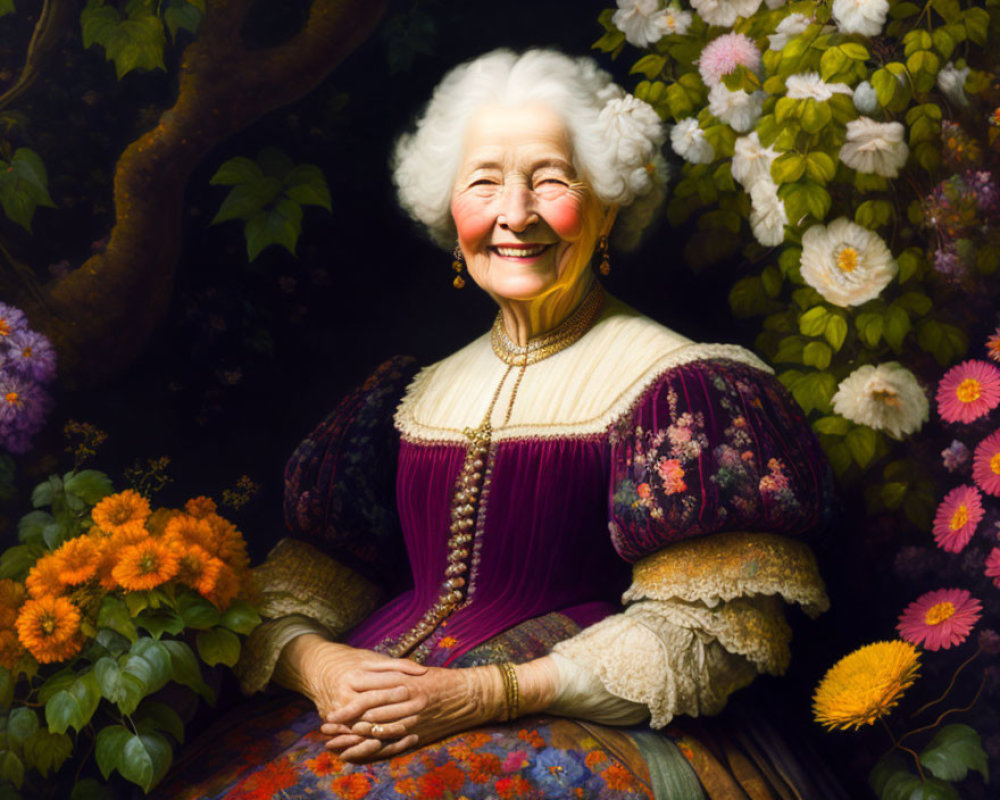 Elderly Woman Smiling in Traditional Attire Surrounded by Flowers