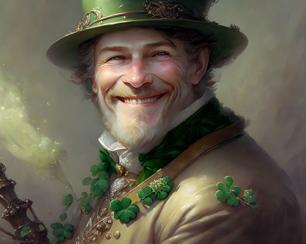 Man in Green Hat and Coat with Clover Decorations and Staff