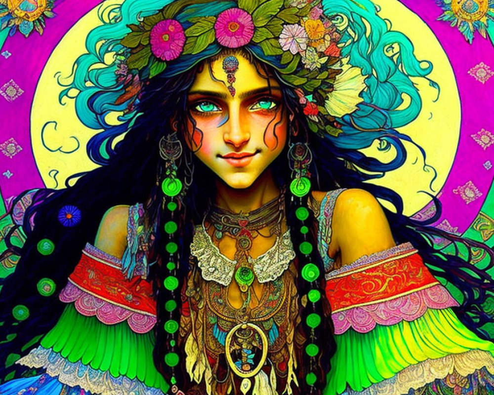 Colorful Woman with Blue Hair and Third Eye Illustration