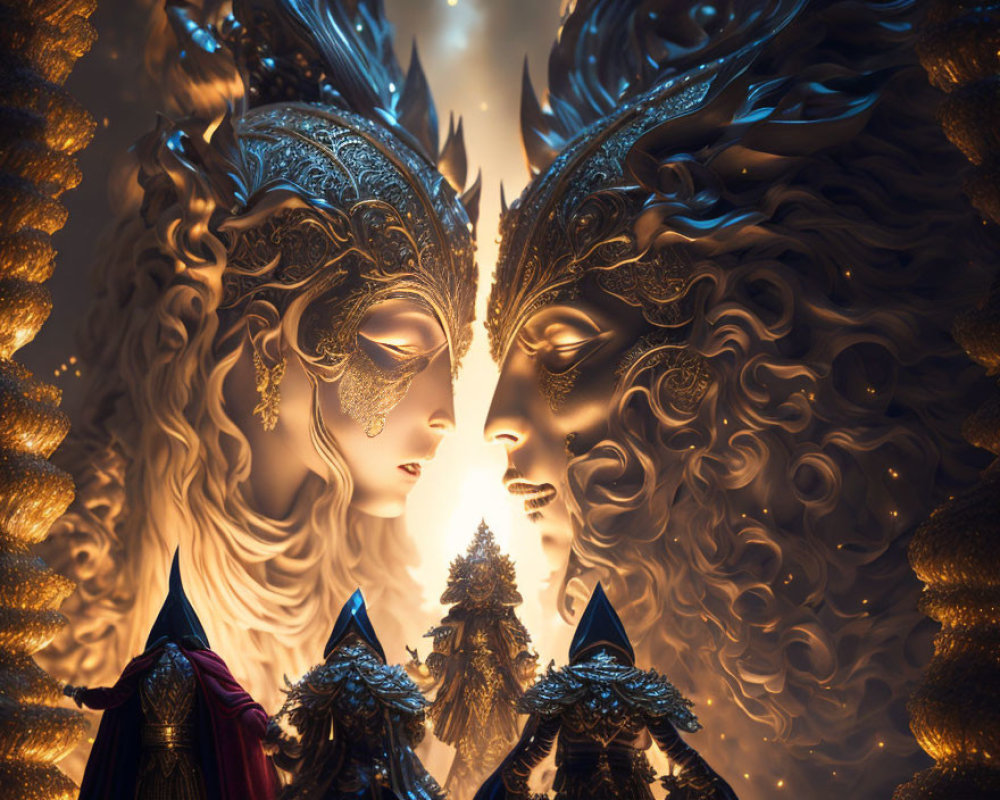 Ornate masked figures in golden fantasy setting with intricate headpieces