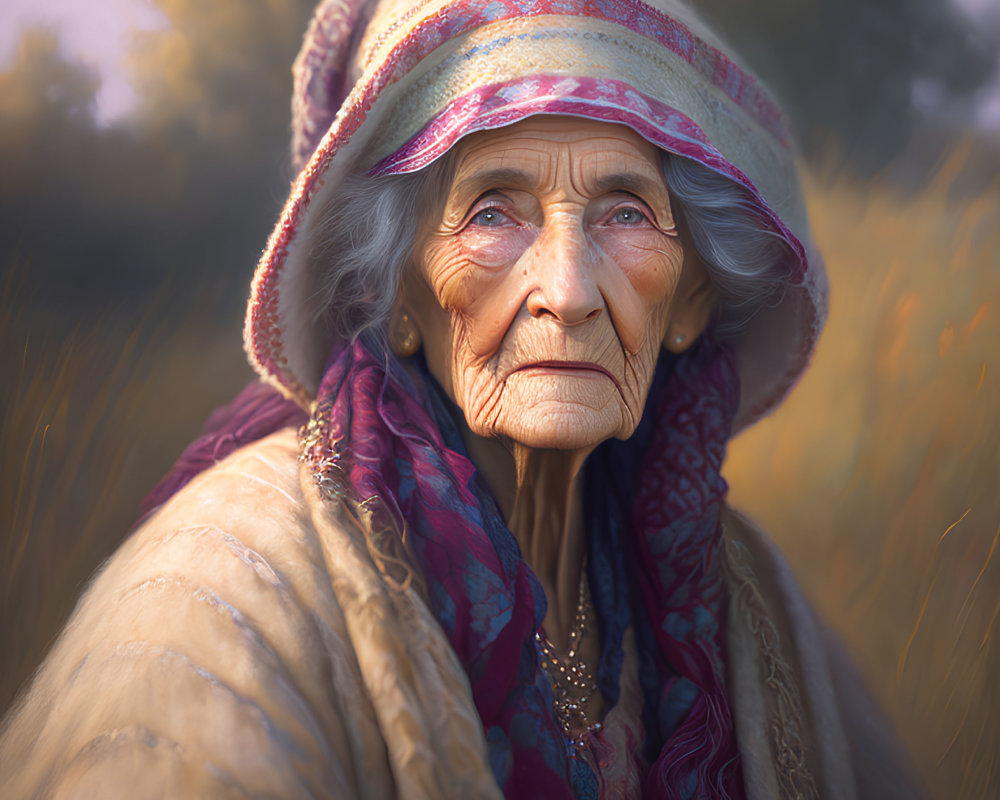 Elderly woman with deep wrinkles in colorful headscarves in golden field