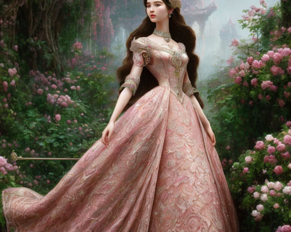 Regal woman in pink gown and tiara among lush greenery