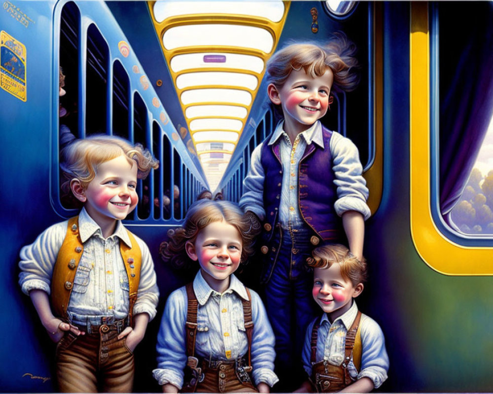 Four children in vintage attire with oversized smiling faces in a colorful train corridor