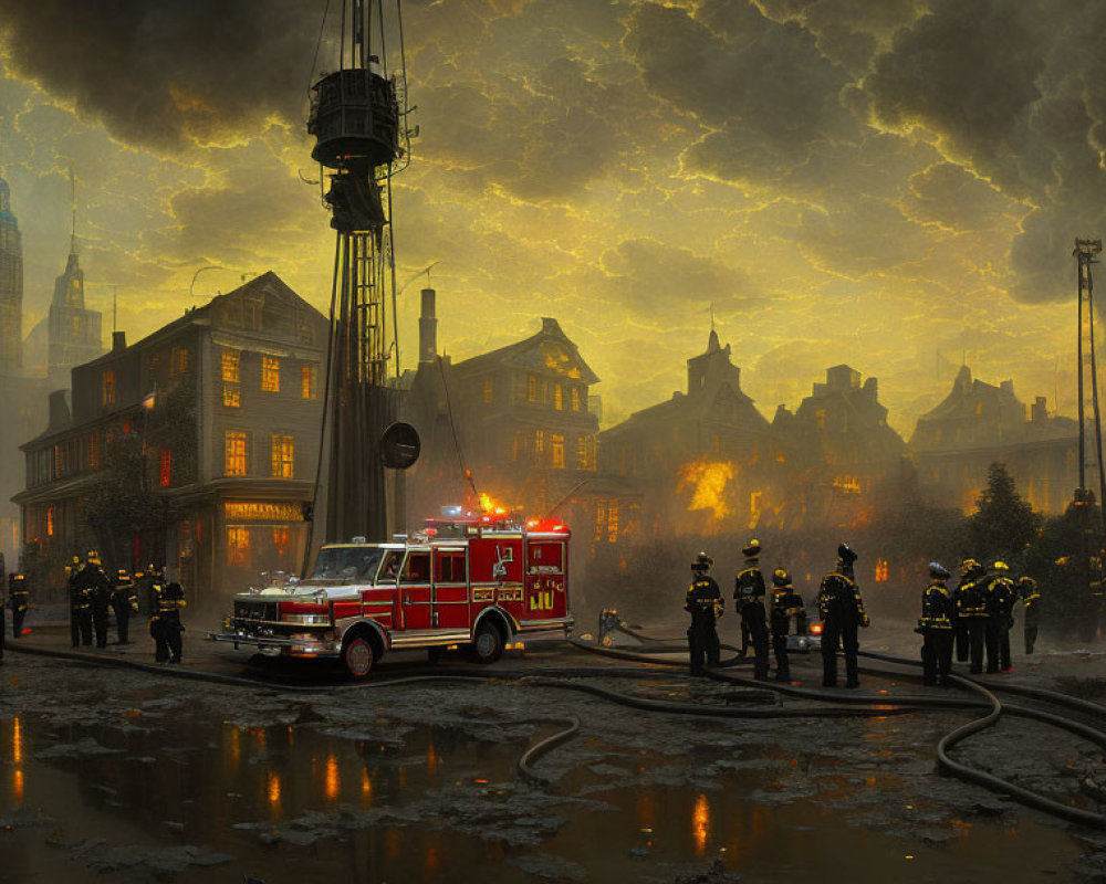 Intense firefighting scene with fire truck, hoses, and blazing buildings under stormy sky