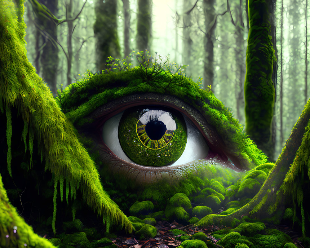 Giant Eye in Forest Setting with Moss-Covered Trees