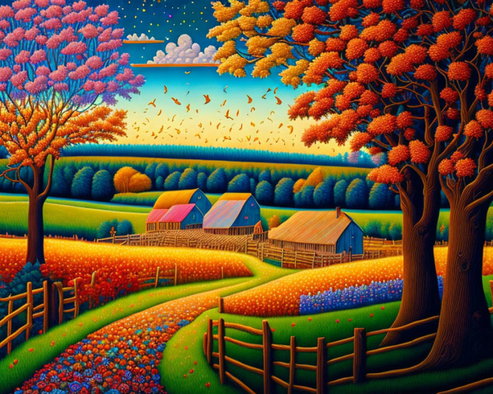 Colorful countryside landscape with whimsical trees, barns, and birds at dusk