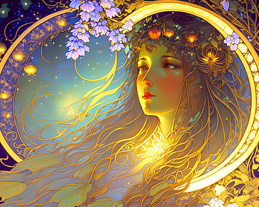 Illustrated woman with floral hair in golden circular border under starry sky