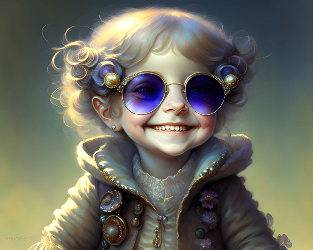 Smiling Child with Curly Hair in Reflective Sunglasses and Cozy Coat