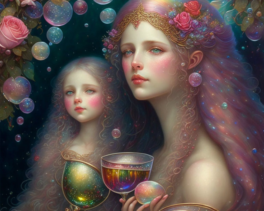 Ethereal figures with flowing hair and galaxy chalice under celestial backdrop