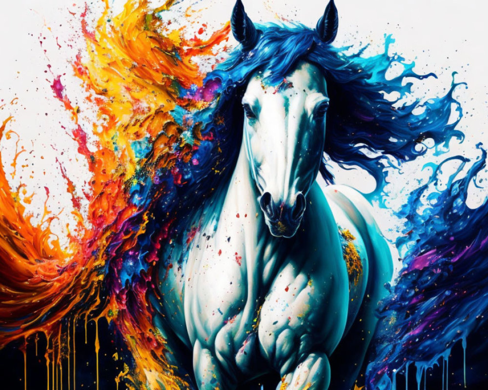 Colorful Paint Splash Artwork: White Horse with Vibrant Mane and Tail