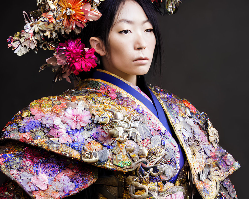 Traditional Japanese attire with ornate floral headdress and vibrant armor.