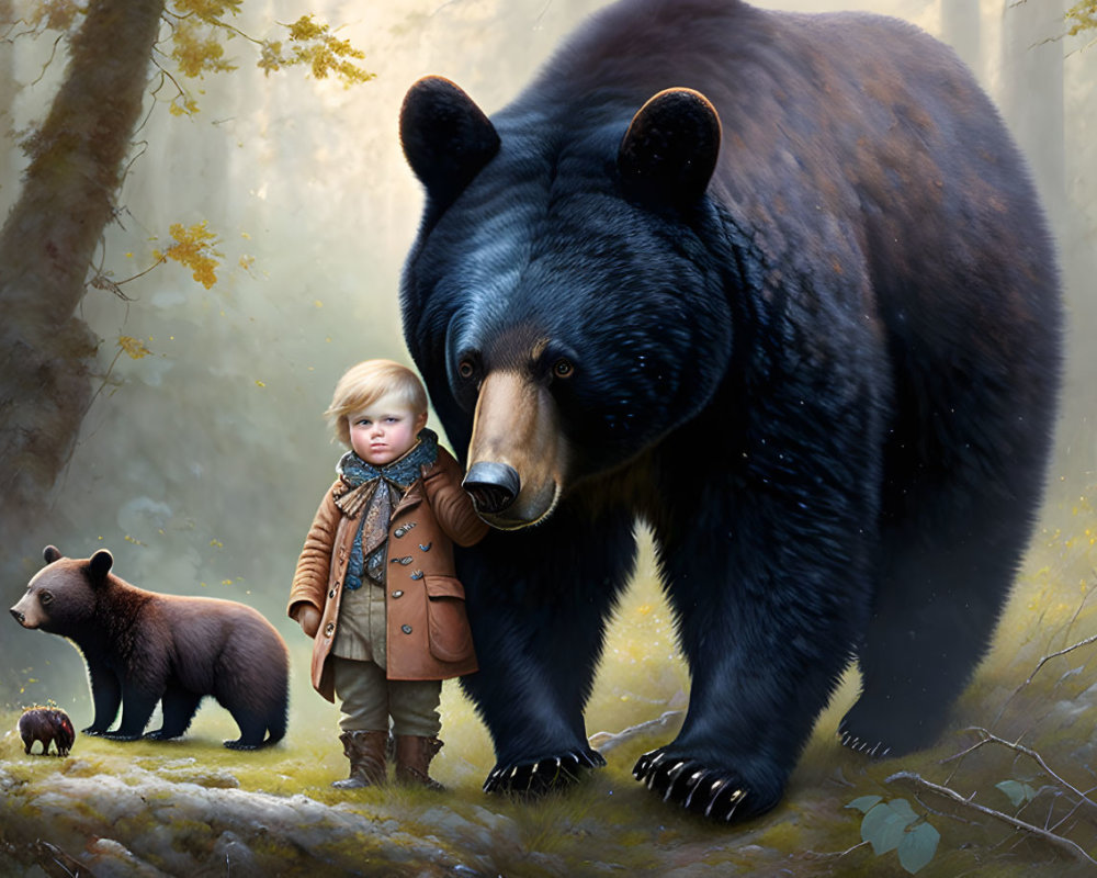 Confident Child with Massive and Small Bears in Autumn Setting