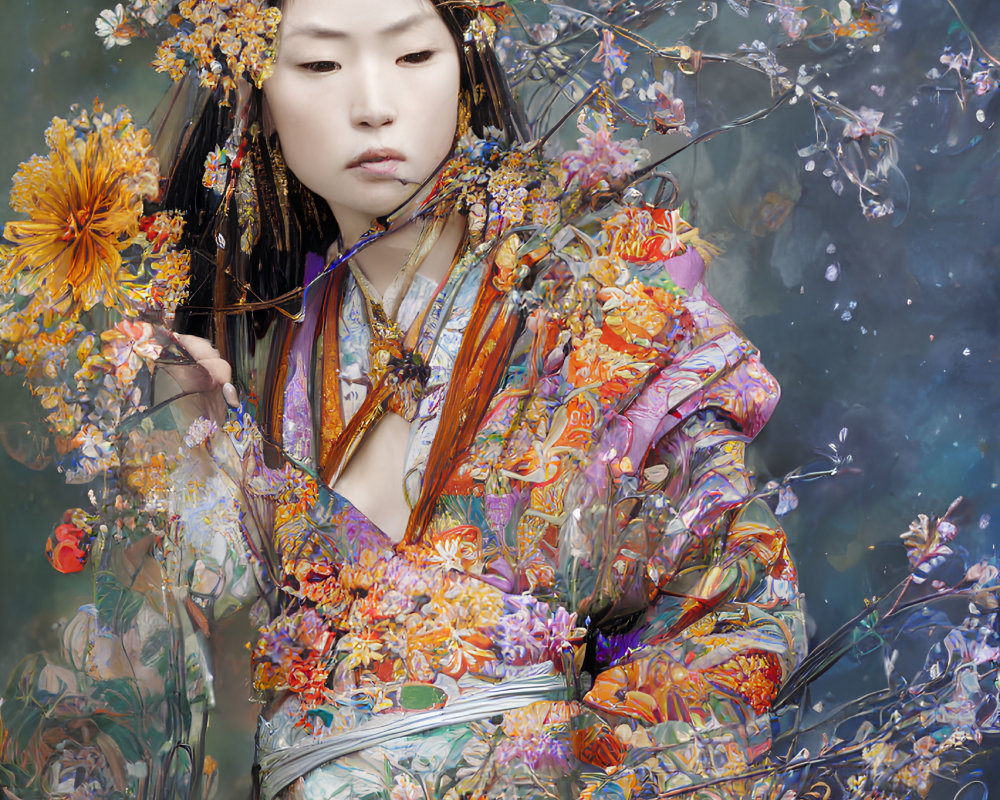 Person in vibrant floral kimono and headdress surrounded by blossoms on muted backdrop