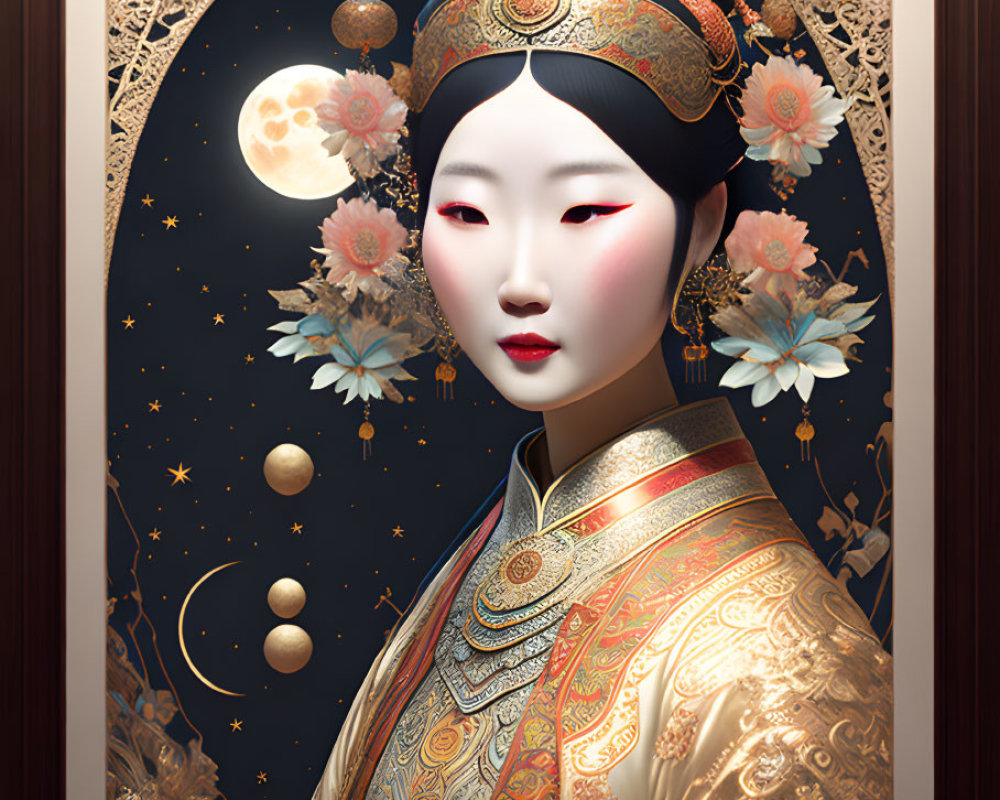 Illustration of Woman in Traditional Asian Attire with Cosmic Floral Theme