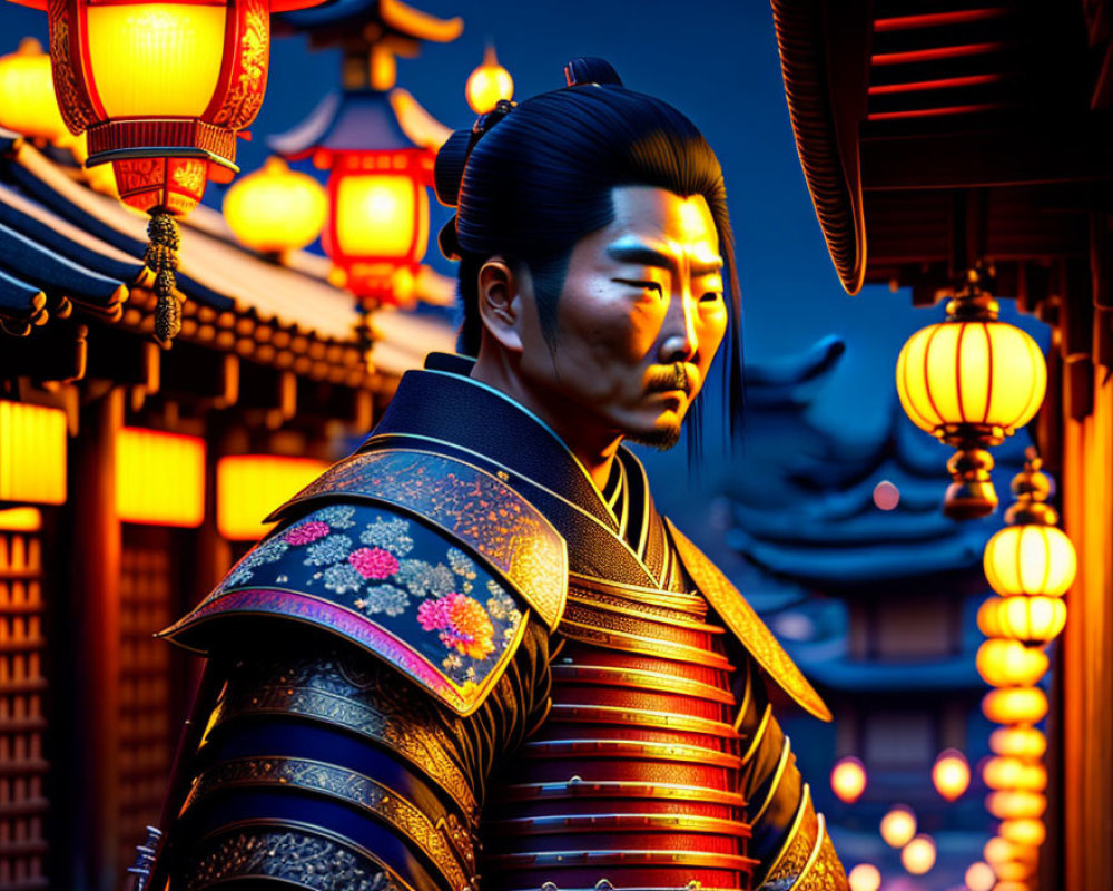 Digital artwork: Warrior in Japanese armor at lantern-lit temples