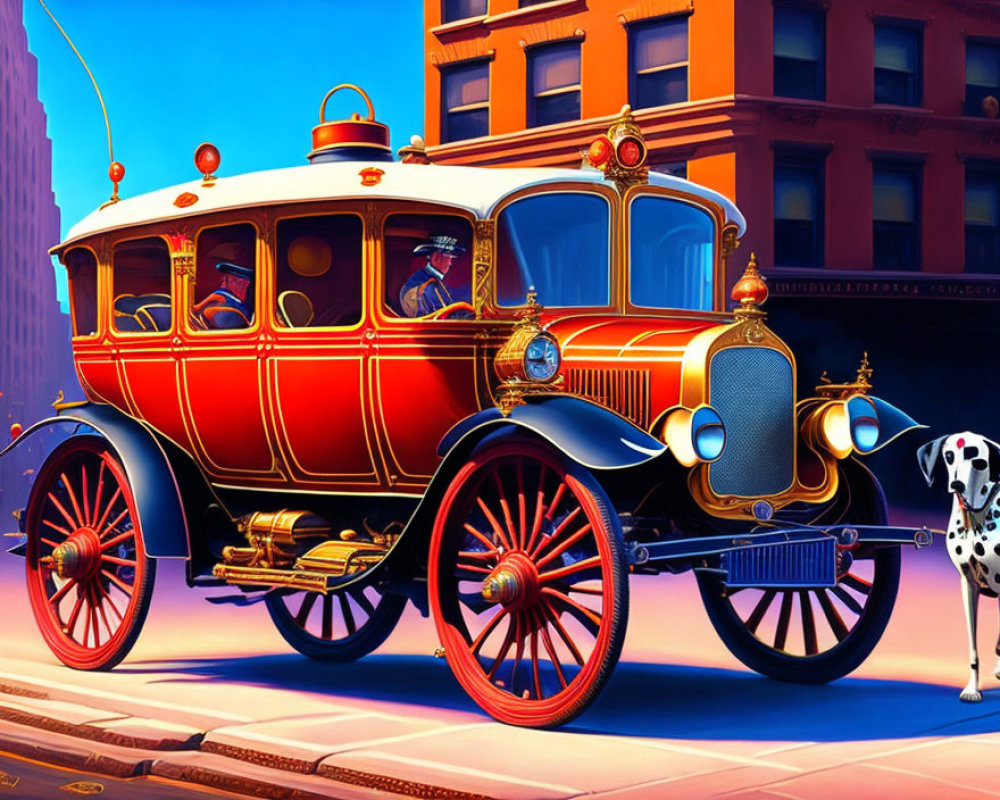 Vintage red and gold car with Dalmatian dog on city street - Illustration