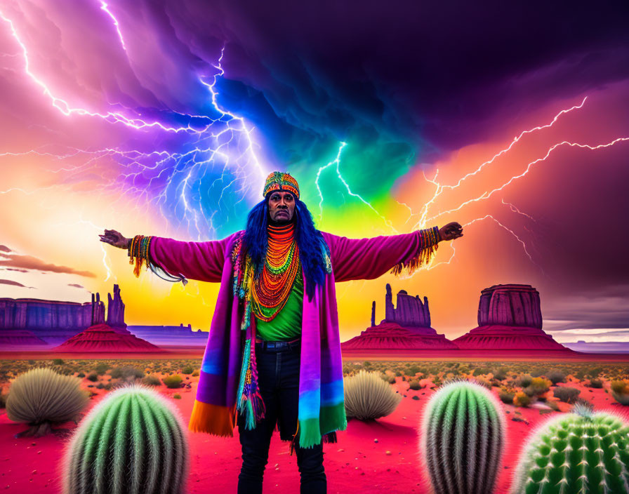 Colorfully dressed person under lightning sky in desert landscape