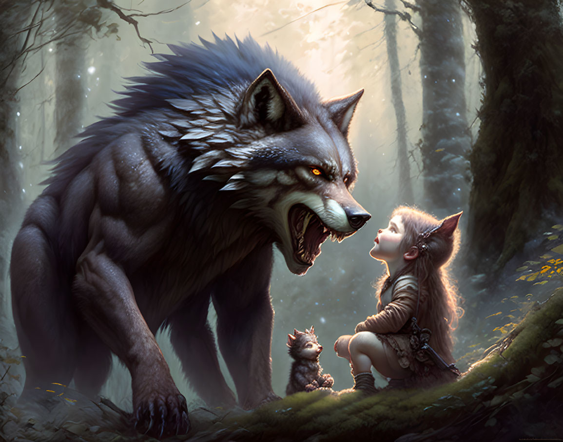 Detailed Wolf Growling at Tiny Girl with Wolf-Like Ears in Enchanted Forest