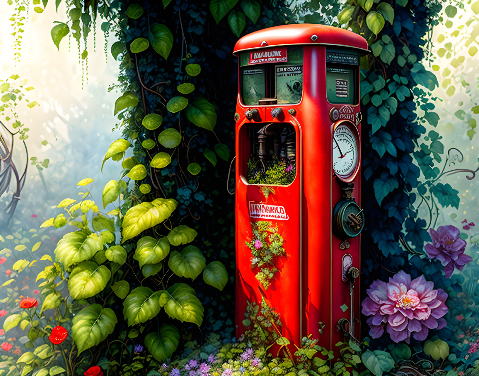 Vintage Red Gasoline Pump in Lush Garden Setting