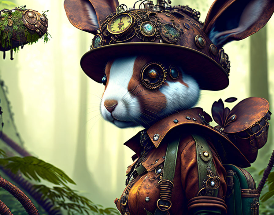 Steampunk rabbit with mechanical gear accessories in green foliage