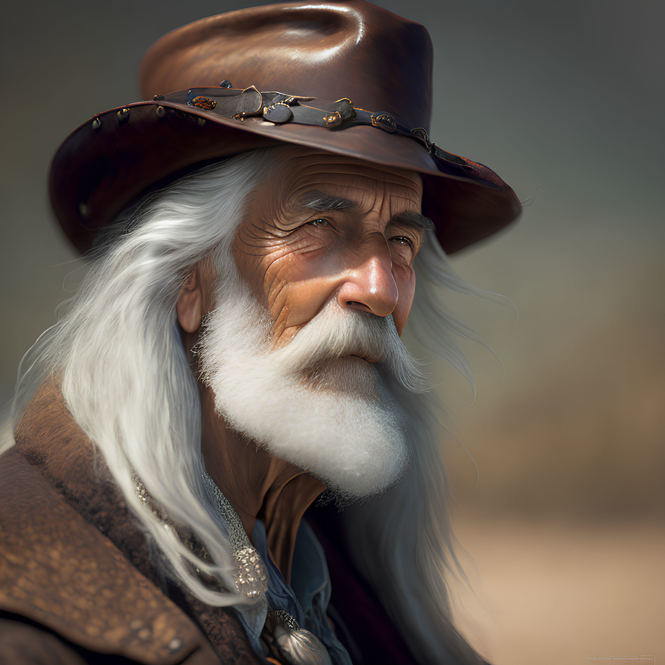 Elderly man in fur-lined coat and leather hat with white beard.