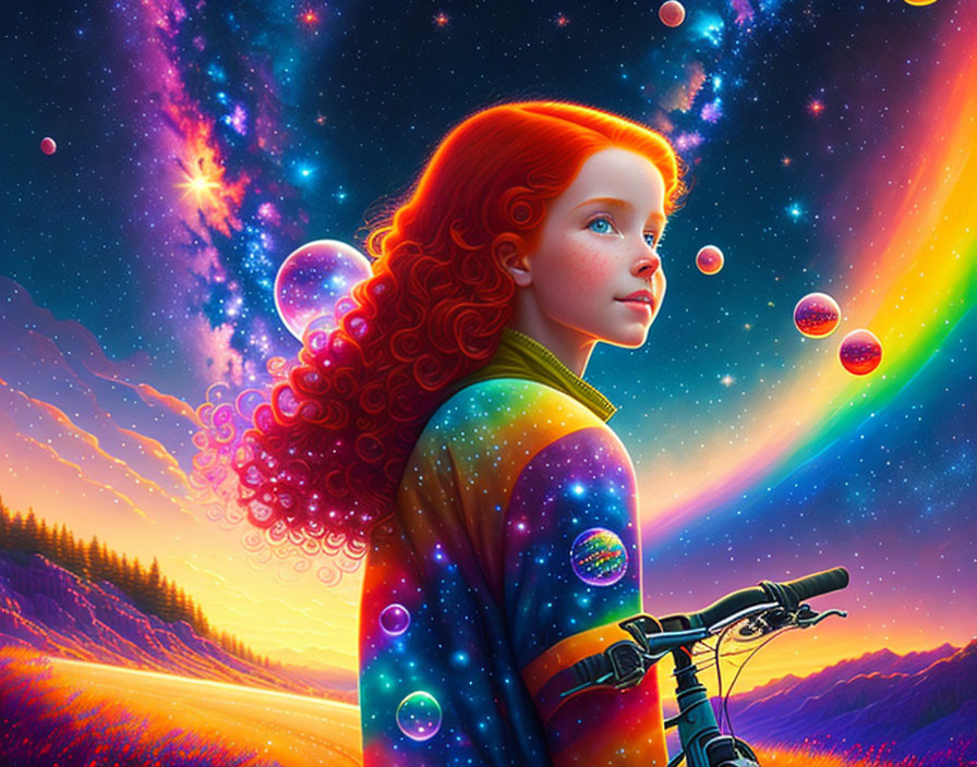 Red Curly-Haired Girl in Cosmic Sky with Space Jacket and Bicycle Handle