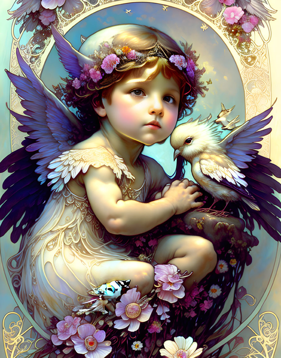 Child with angelic wings embracing white dove in serene setting