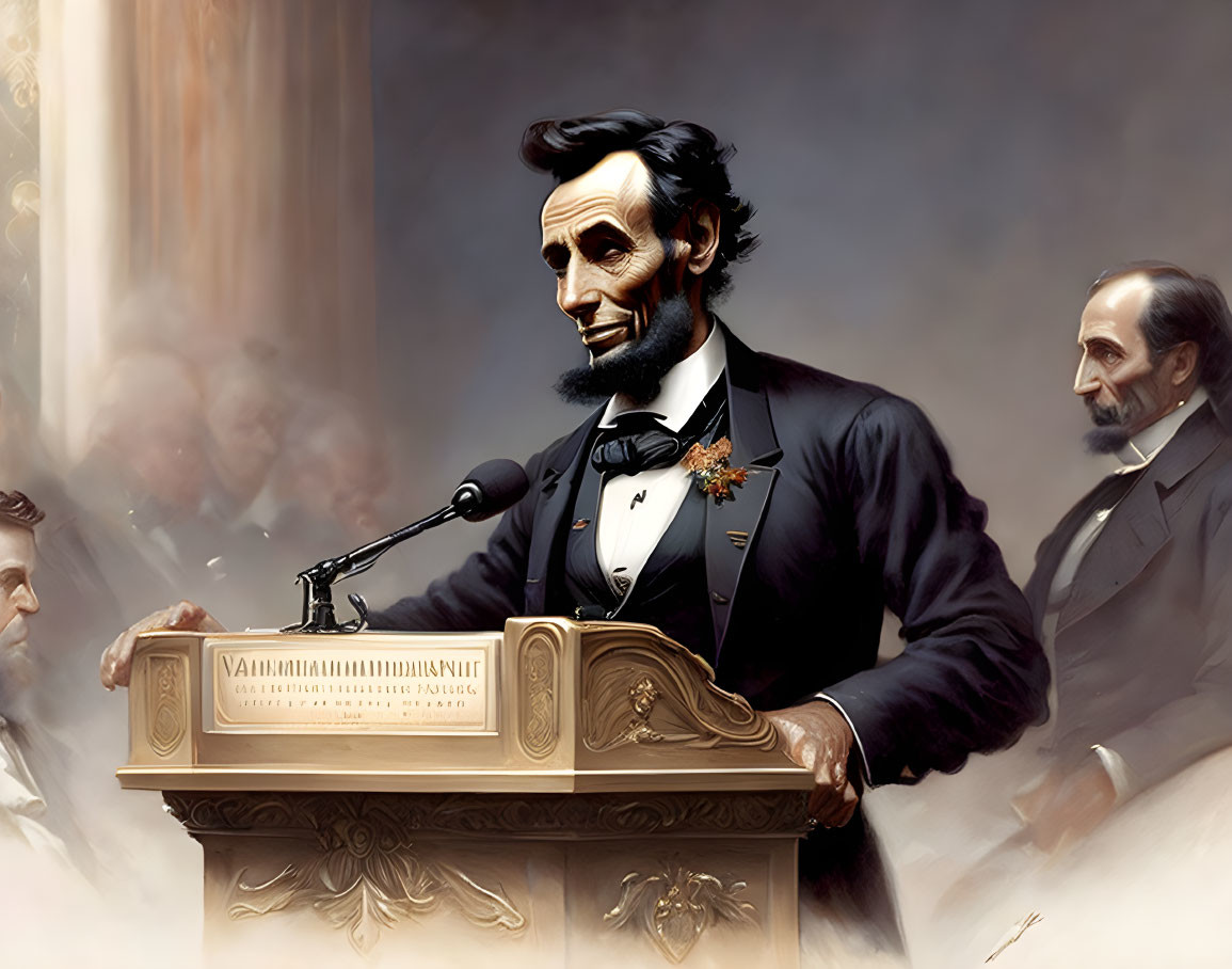 Historical illustration of Abraham Lincoln delivering a speech with attentive audience