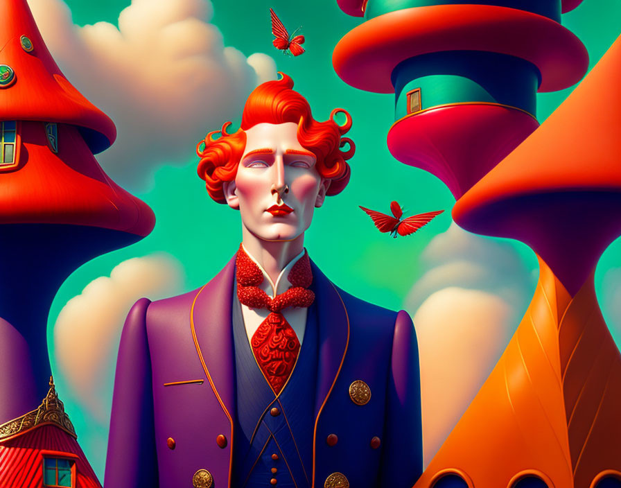 Surreal illustration of stylish figure in purple suit with red hair in whimsical landscape