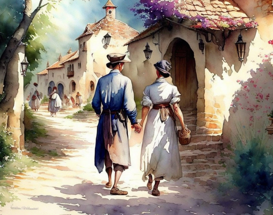 Historical couple strolling in sunny village street