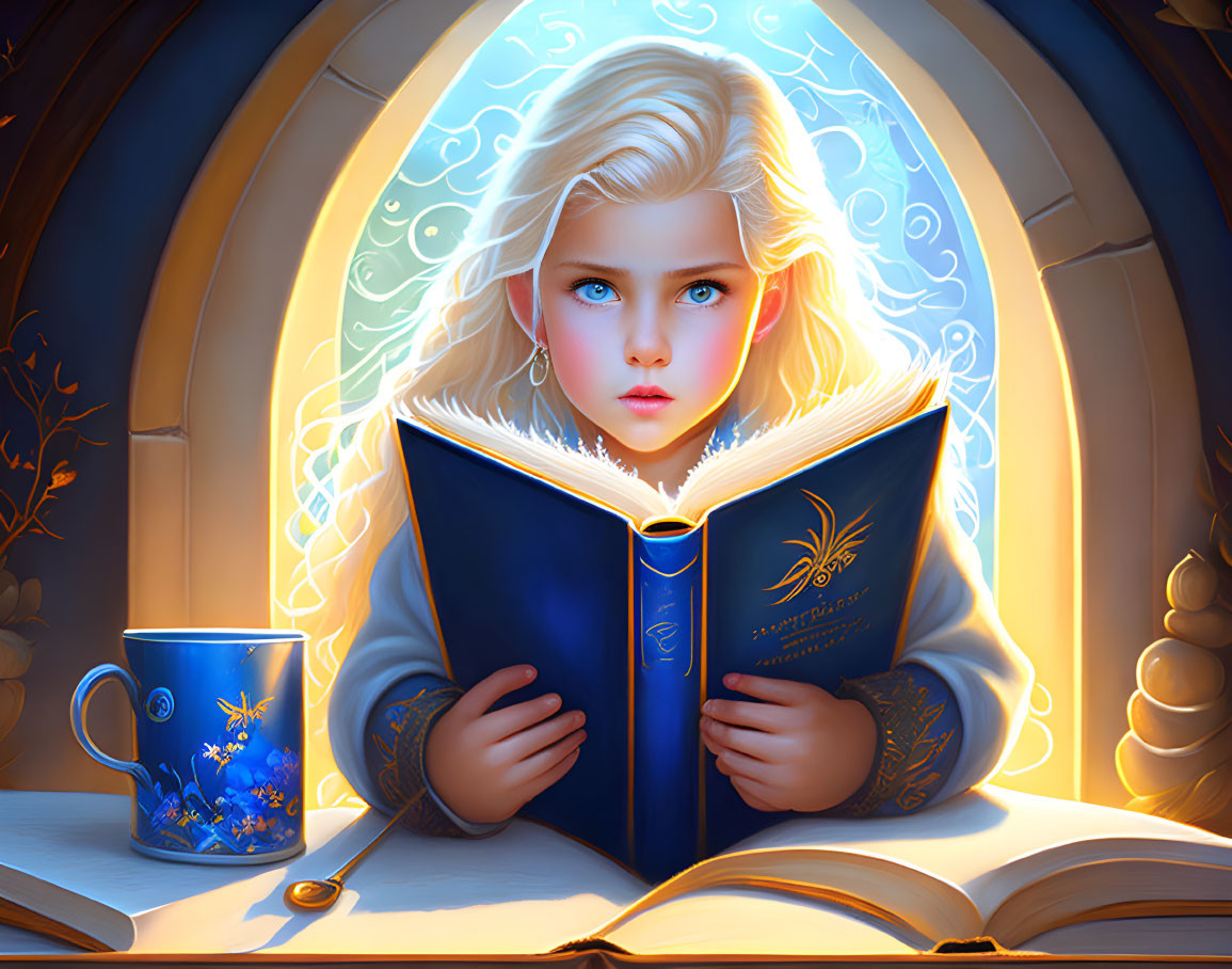 Young girl reading glowing magical book by window with mystical symbols, cup & spoon